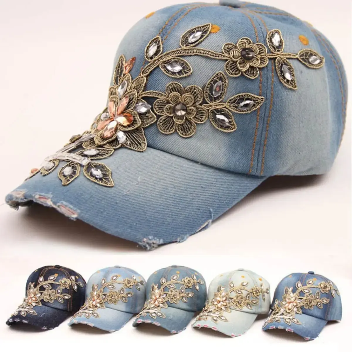 Women's Glamorous Denim Cowboy Hat with Rhinestone Crystals & Golden Silk Flower, Elegant & Adjustable for Outdoor Summer Concerts, Adjustable Outdoor Hat, Crystals Hat