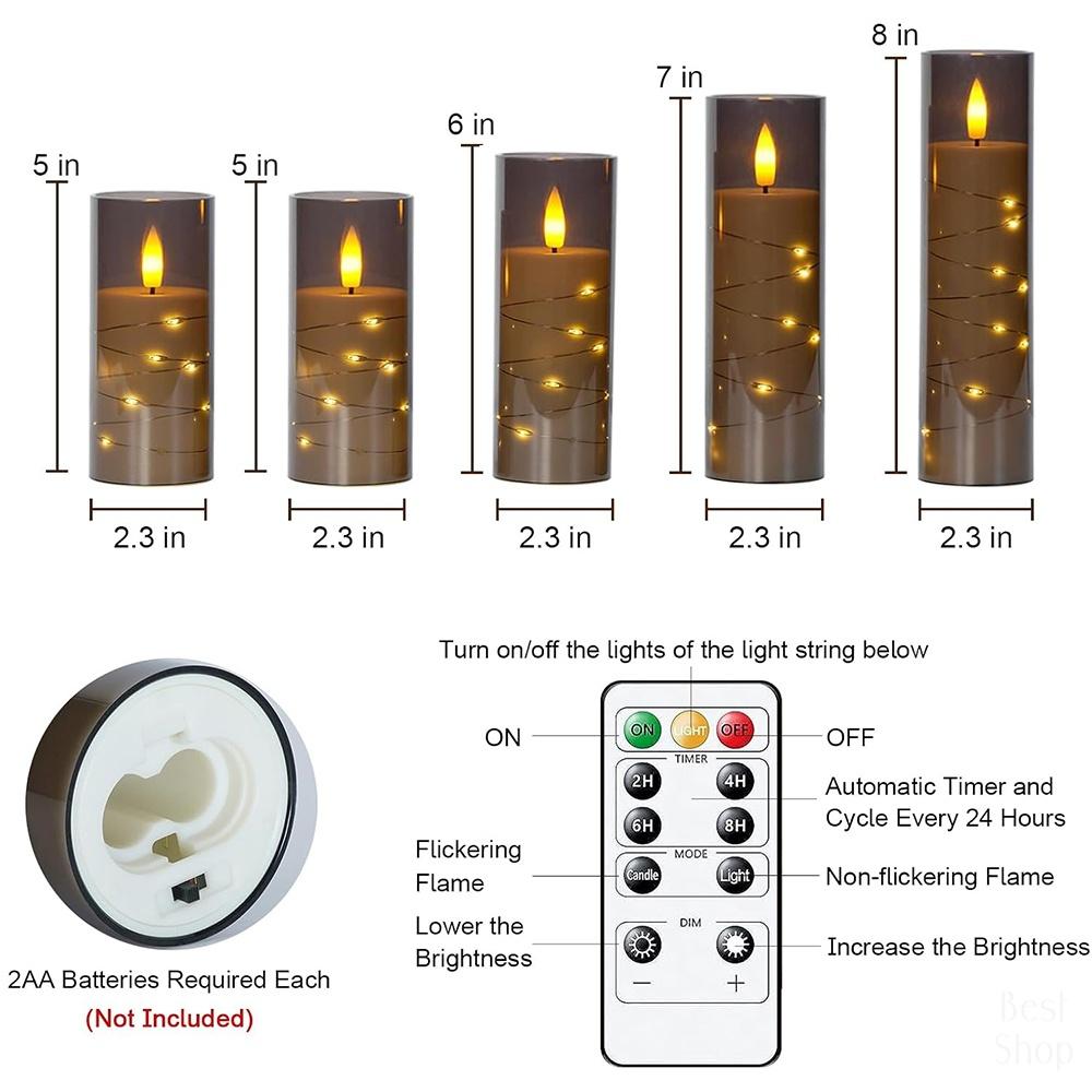 5pcs Flameless LED Candles with Embedded Star String, Battery Operated Acrylic Pillar Candles with Timer and Remote, Flickering Candles for Romantic Ambiance and Home Decoration Mood Decorative,Valentine's Day, Mother's Day