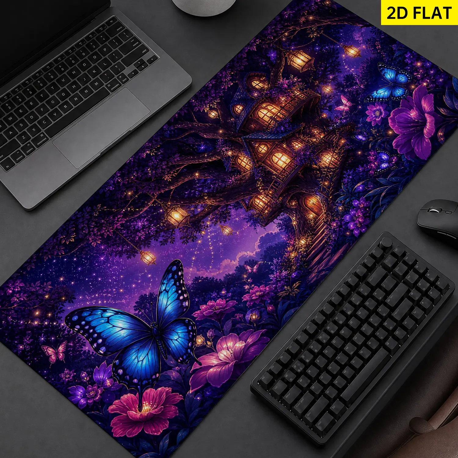 Extra Large Fantasy Treehouse Butterfly Mouse Pad,Non Slip Rubber Pad,Desktop Decoration Drotection Pad,Washable,Lock Edge Multi Size,Premium Multipurpose Mousepad For Home,Office,Gift for Family and Friends