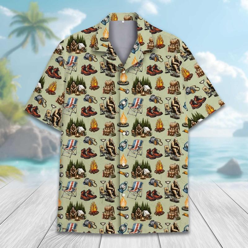 Men's Classic Short-Sleeve Soft Stylish Hawaii Print Tropical Beach Casual Shirt - Beige Garment with Tent, Campfire Chair, Trees Prints, Breathable Fabrics for Summer Outdoor Beach Trip Wear