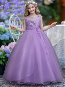 Sleeveless Flower Girl Dress Sheer Round Neck 3D Floral Lace Applique Floor Length Fluffy Tulle Princess Gown For Wedding Birthday Piano Recital Pageant Photo shoot