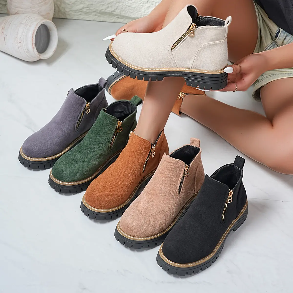Women's Mid-Calf Hiking Shoes - Elegant Round Toe, Soft PU Leather Upper, Waterproof, Stain-Resistant, Thick Warm Plush Lining Hiking Footwear for Work, Outdoor Activities, Shoe, Female, All Seasons