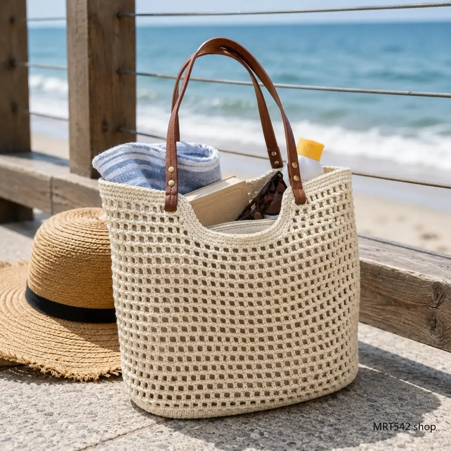 Handmade Crochet Straw Tote Bag Fashion Hollow Out Top Handle Handbag Large Capacity Woven Shoulder Purse Aesthetic Knit Beach Bag Casual Summer Vacation Hobo