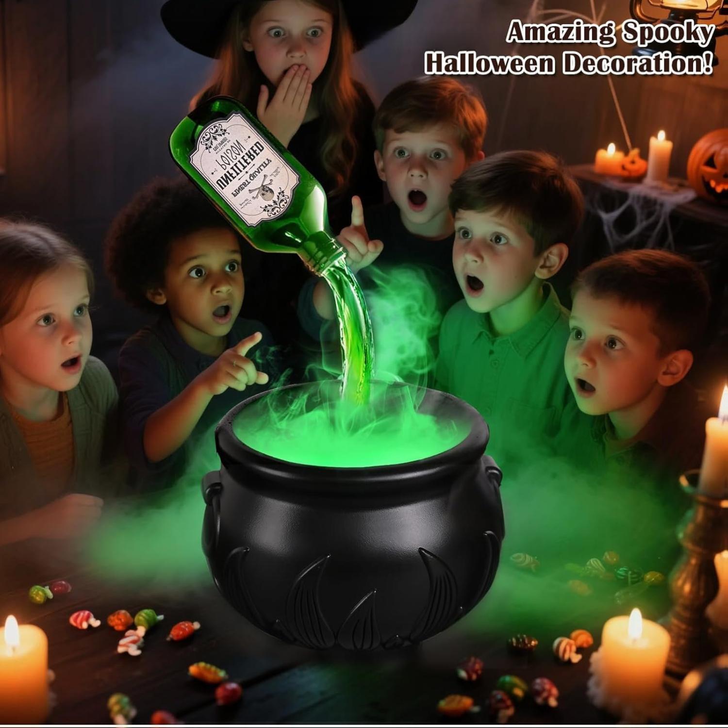 Halloween Decorations Indoor - Cauldron Halloween Decor with Magic Floating Potion Bottles and Diffuser - Black Plastic Witches Bowl Hocus Pocus Party Decoration for Spooky Vintage Home Kitchen Table
