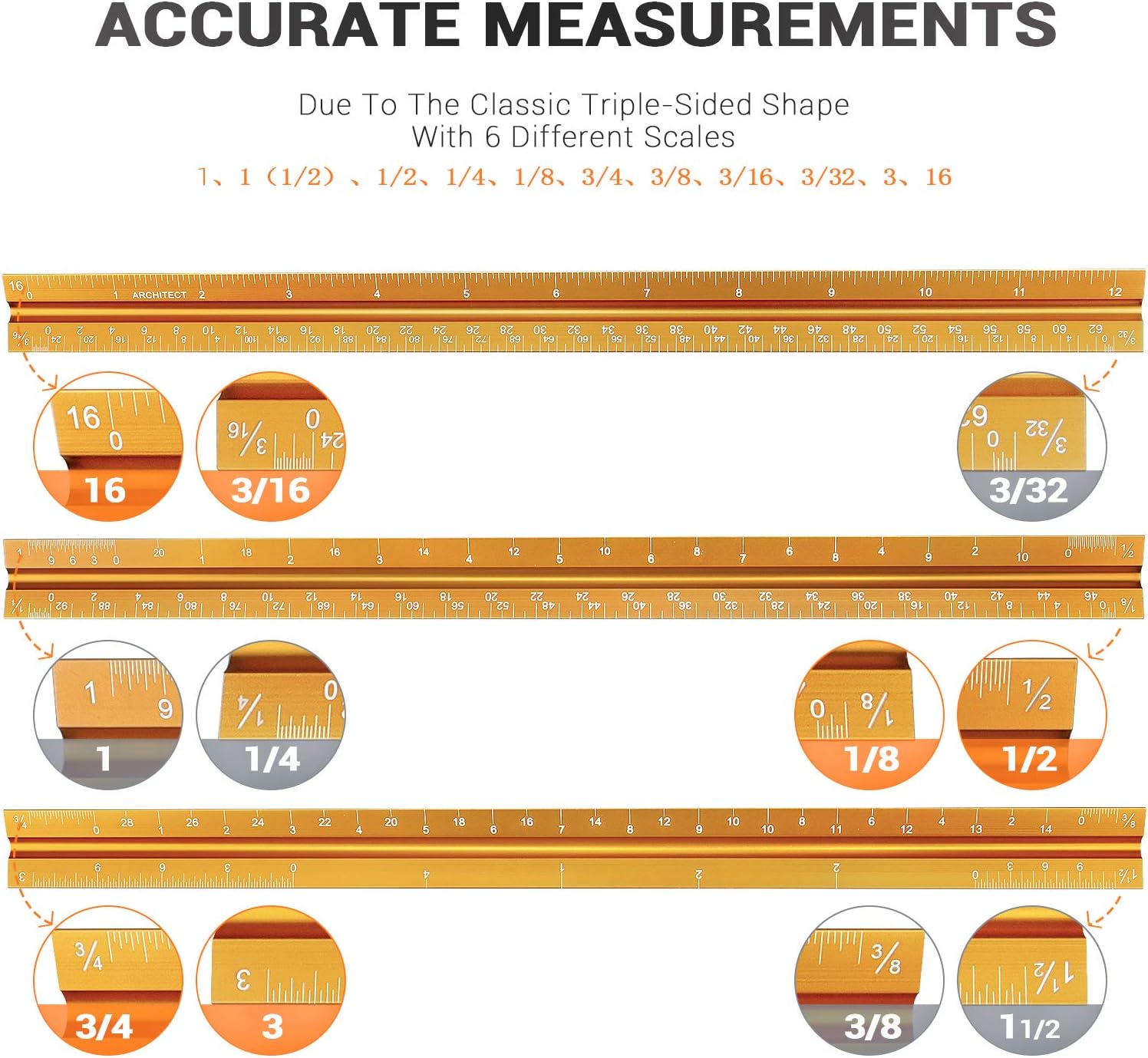 12" Architectural Scale Ruler  Architect Scale Triangular Scale Ruler for Architects, Draftsman, Students and Engineers, Golden