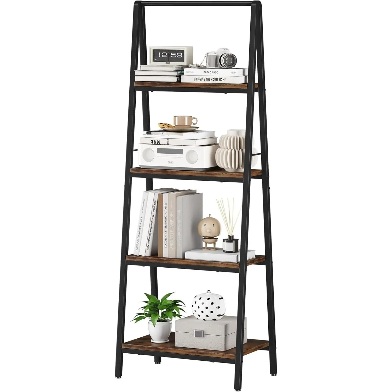 Ladder Shelf, 4-Tier Leaning Ladder Bookshelf, Rustic and Wood Ladder Shelf Bookcase, Industrial Ladder Shelf Storage Rack for Home Office, Bedroom, Bathroom or Kitchen