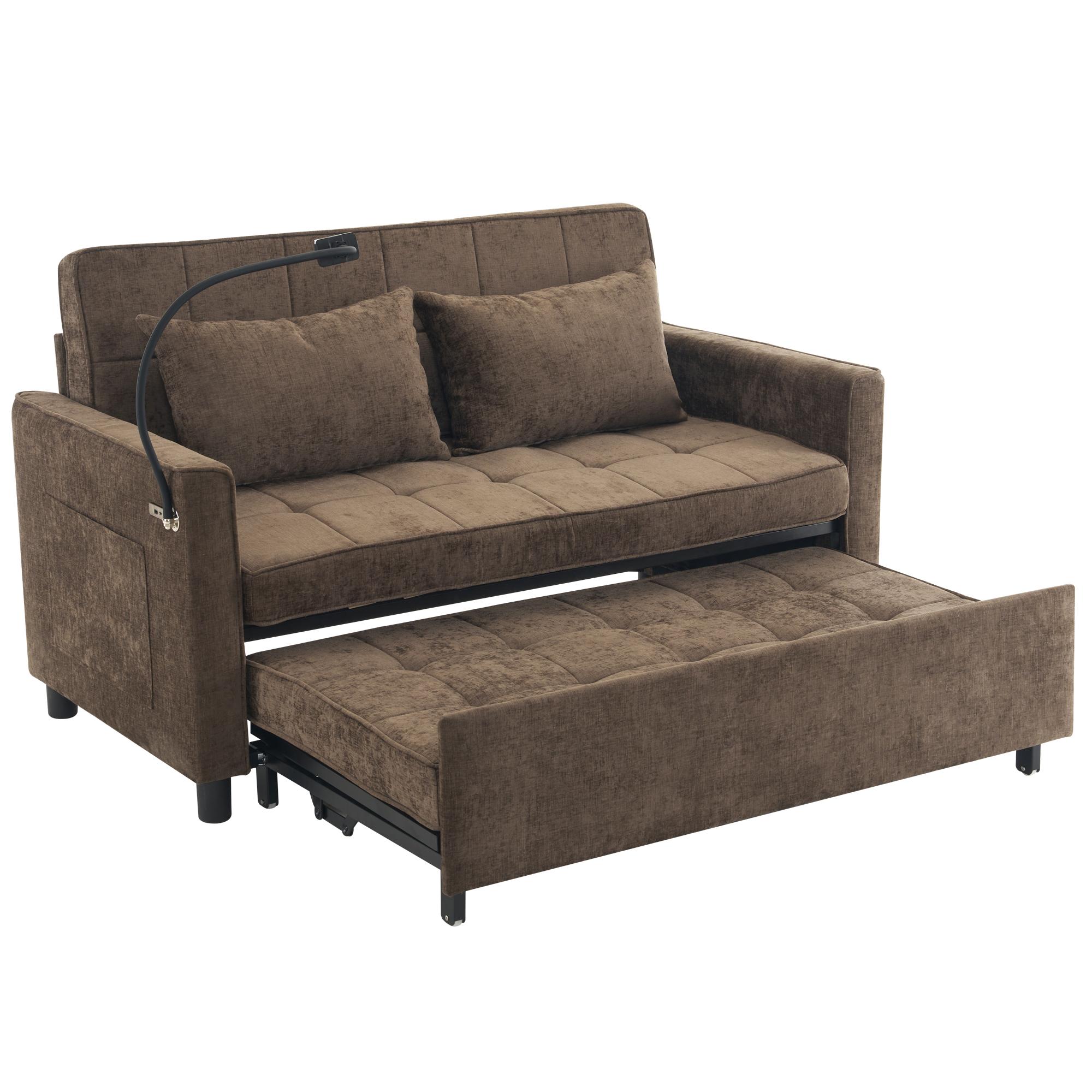 56.9" Loveseat Sofa Pull-out Sofa Bed Sleeper Sofa with A Reversible Backrest Cushion, Side Pockets, Two USB Ports and A Phone Holder for Living Room, Brown 56.9" Loveseat Sofa Pull-out Sofa Bed Sleeper Sofa with A Reversible Backrest Cushion, Side Pockets, Two USB Ports and A Phone Holder for Living Room, Brown