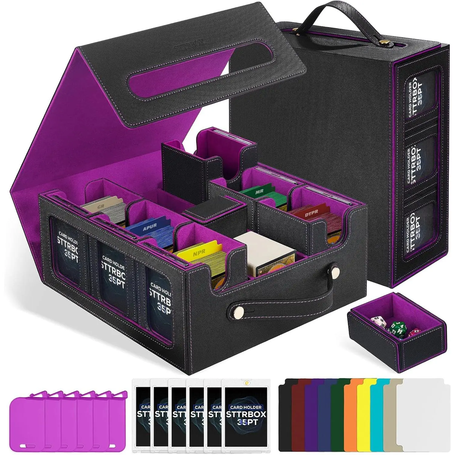 7-in-1 Deck Box with Handle - Trading Card Storage for MTG & TCG - Includes 6 Toploaders, 6 Stoppers, 10 Colorful Dividers - Black & Purple