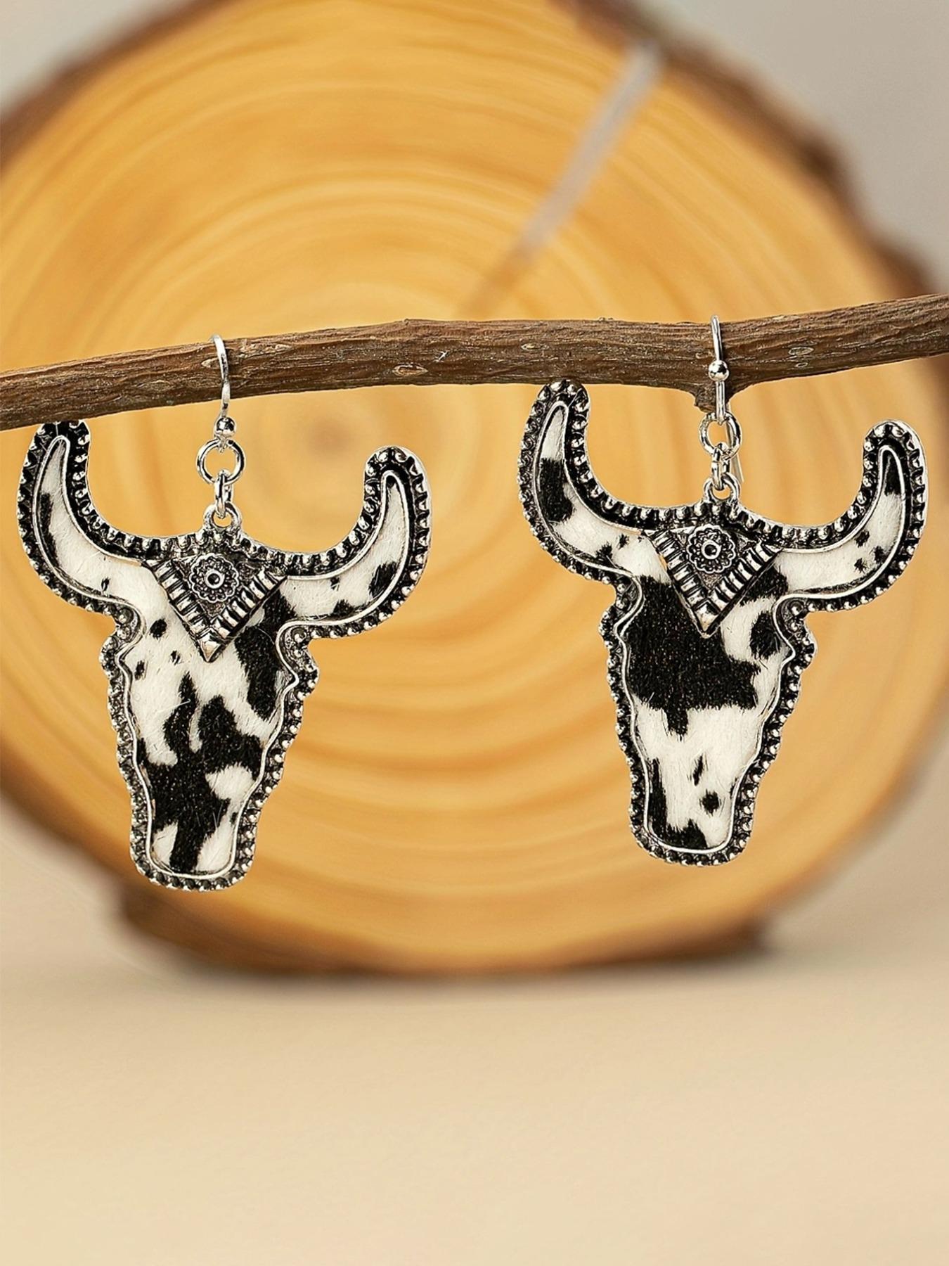 Vintage Cow Head Shaped Dangle Earrings (1 Pair), Western Cowboy Style Leopard & Cow Print Earrings, Hollow Out Design Earrings for Women, Trendy Jewelry Gift for Party and Daily Life, Casual Yet Chic
