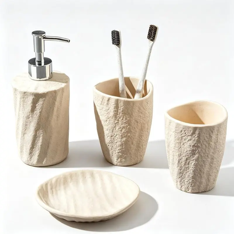 4‑Piece Resin Bathroom Accessory Set, Modern Stone‑Texture Countertop Bath Kit, 11.5OZ Soap Dispenser, Tumbler, Toothbrush Holder & Soap Dish for Sink Vanity
