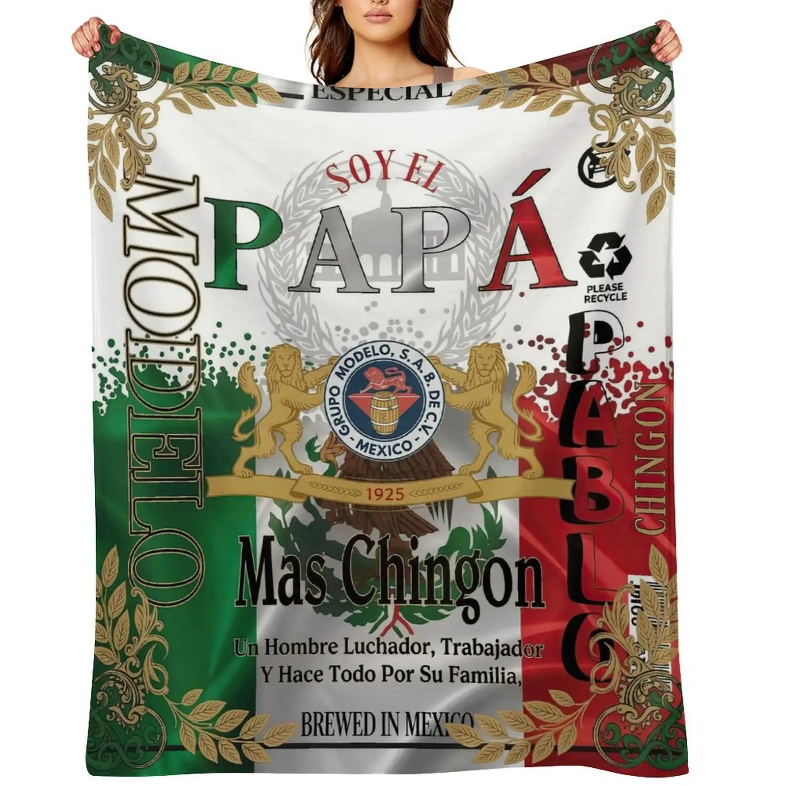 Vintage Mexican Humor Modelo-Style Flannel Beer Bottle Blanket - 50x60in Clapperboard Print, "Papa Mas Chingon" Father’s Day Gift, Bright Hues Throw, Machine Washable for Indoor/Outdoor Home/Sofa