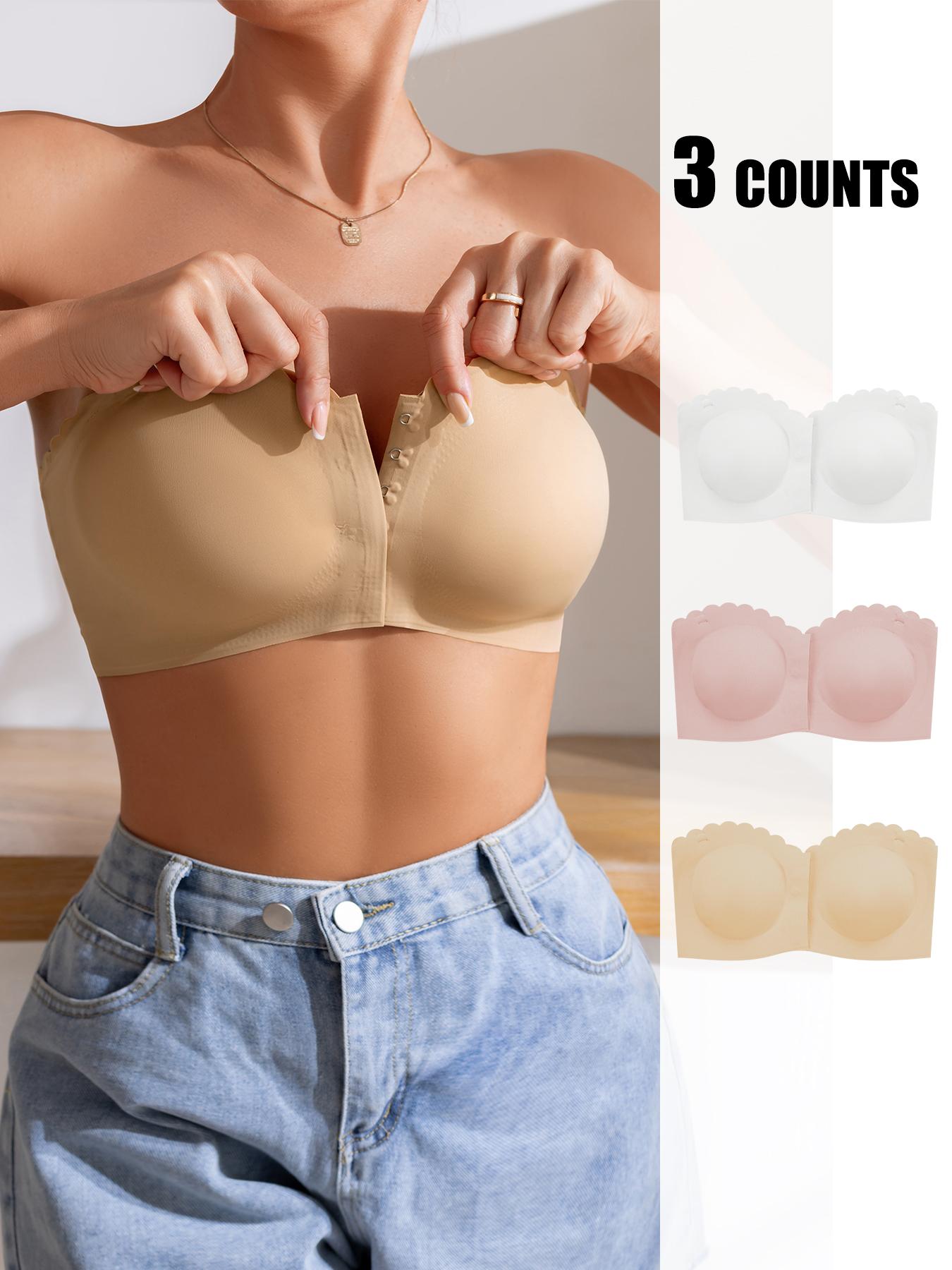 Women's Solid/ Leopard Print Strapless Bra, Wireless Push Up Bra, Comfortable Breathable Scallop Trim Hook & Eye Front Bralette, Lingerie for All Seasons, Basic Underwear