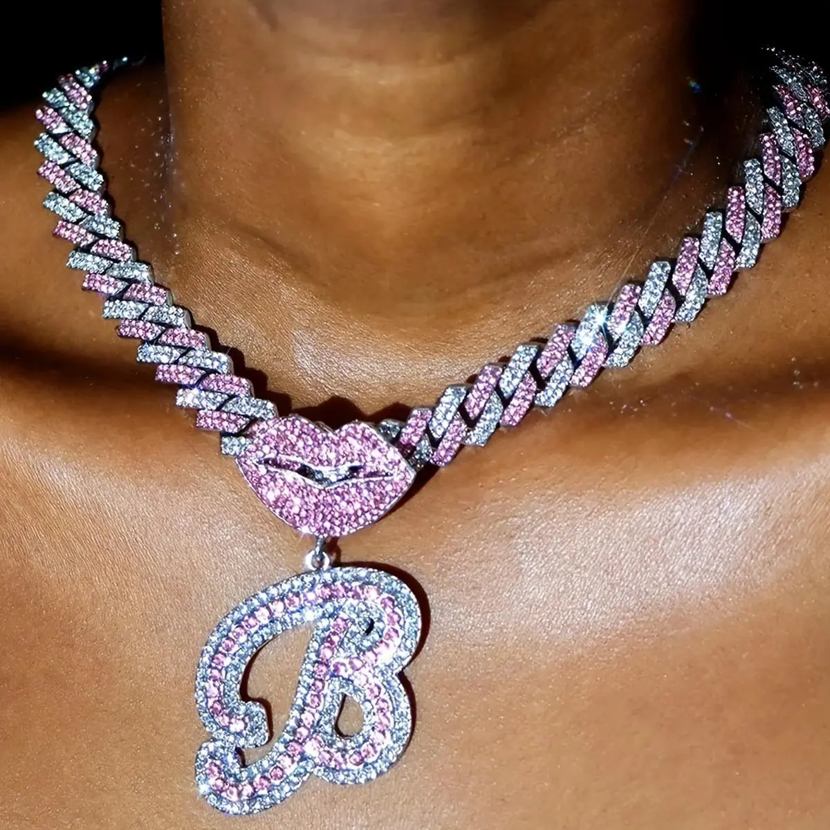 Hip-hop 26 Initial Letter Pendant with Cuban Chain Necklace for Men And Women Y2K Pink Jewelry Gift for Cool