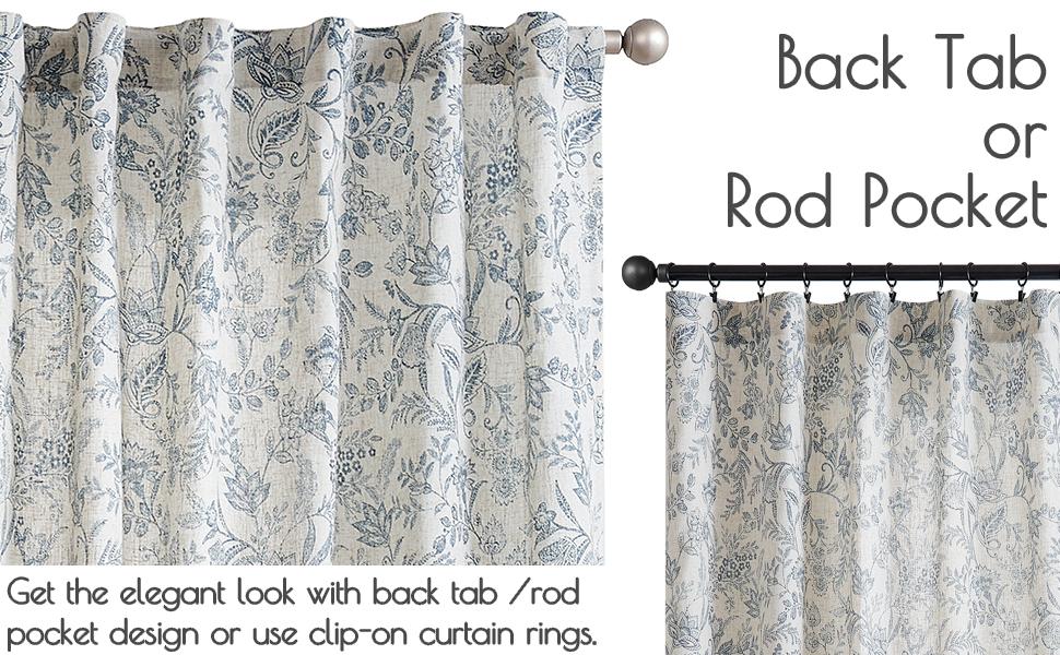 Curtains Farmhouse Blue Floral Print Curtains 63 Inches Long Back Tab Drapes for Living Room Bedroom Semi Sheer Patterned Vintage Curtains 2 Panels Set Rod Blue on Beige