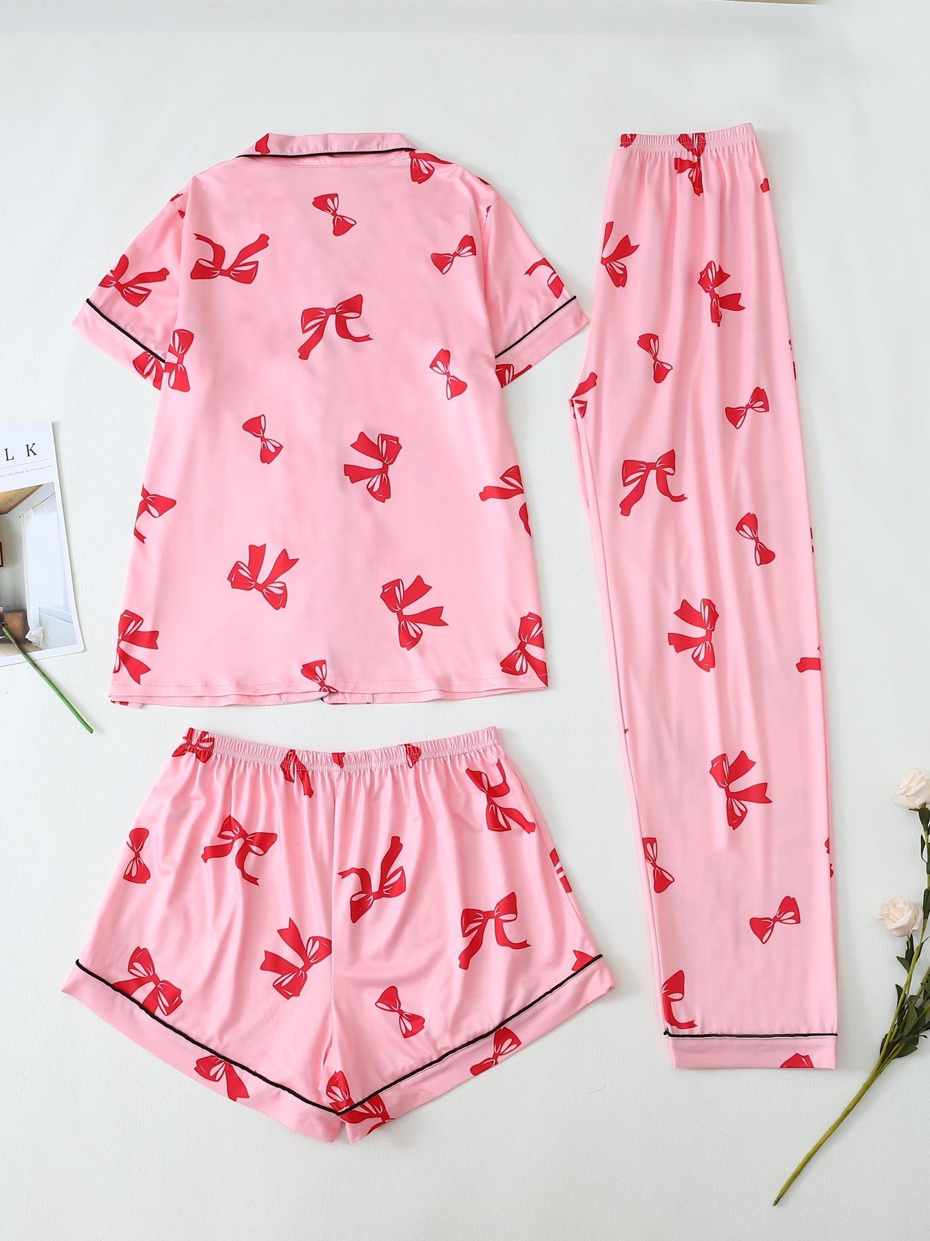 Three-piece Set Women's Bowknot & Heart Print Pajama Set, Cute Comfy Short Sleeve Tee & Elastic Waist Trousers & Shorts Pj Set, Ladies Sleepwear for All Seasons, Casual Sleepwear Set