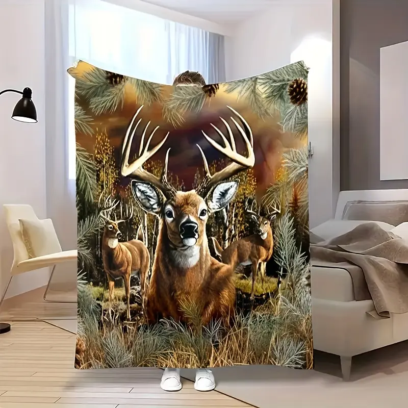 1pc Comfortable Special Forest Elegant Deer Herd Theme Pattern Flannel Blanket, Fashionable, Soft, Warm, All-Season Multifunctional Gift Printed Blanket, Perfect for Sofa, Bed, Office And Travel, Ideal Holiday Birthday Gift for Family And Friends