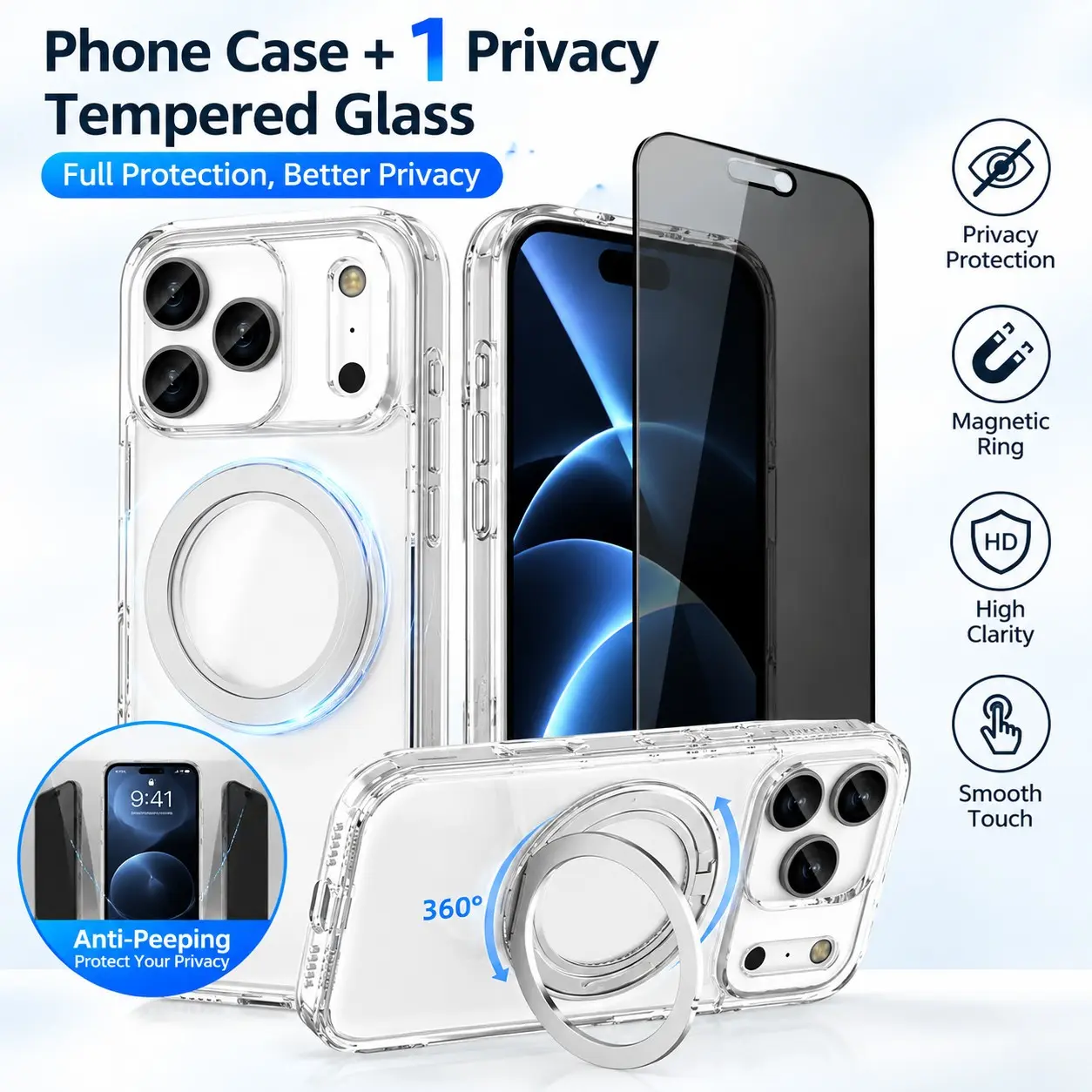 1 Phone Case + 1 Tempered Glass Screen Protector Set, 360-Degree Rotatable Magnetic Kickstand, Clear Shockproof Cover, 9H Hardness Anti-Spy Full Coverage, Compatible with iPhone 17 Pro Max, 16, 15 Plus, 16e, 14, 13 Pro Plus, 12 , 11 Protection Smartphone