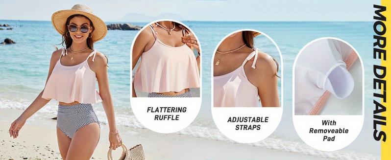 Women's Bikini Swimsuit Two-Piece Swimwear Tummy Control High-Waist Bikini Bottoms Ruffle Top Bikini Set
