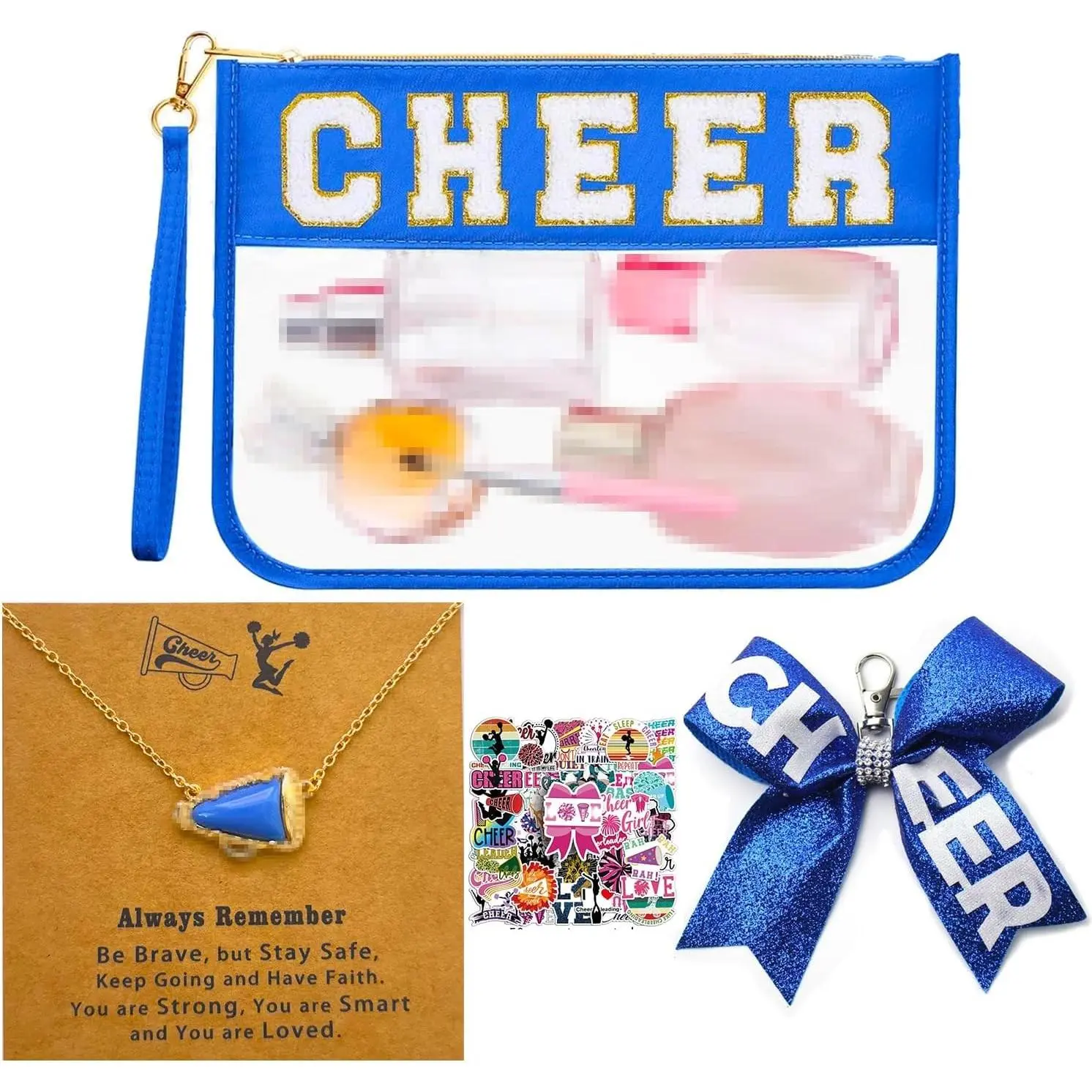 Cheer Gifts Set Cheerleader Accessories for Women Including Makeup Bag, Necklace, Keychain, Stickers