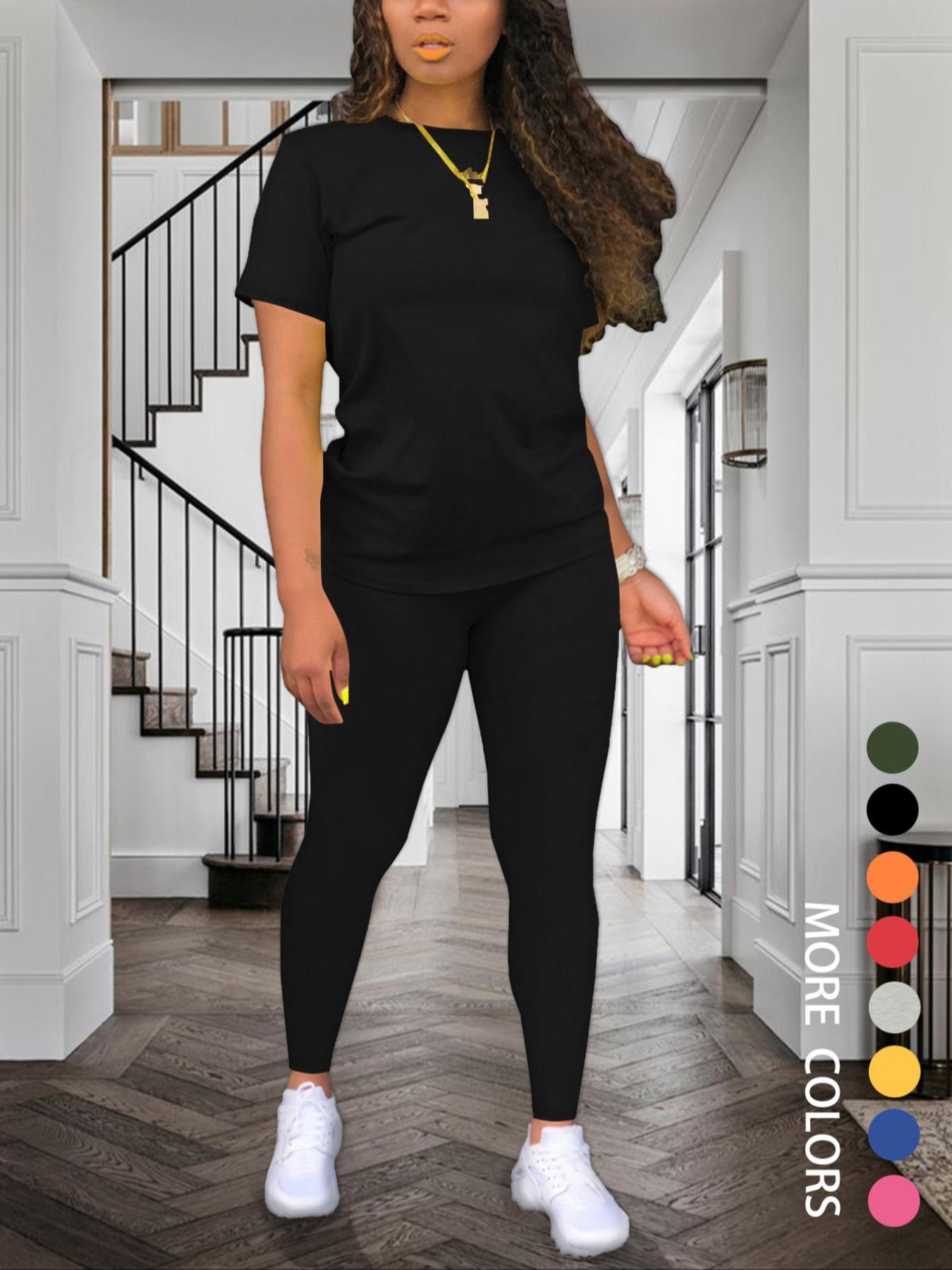 Women's Solid Color Round Neck Fitted Tee & Leggings Set, Summer Clothes, Short Sleeve T-shirt & Skinny Pants, Summer Clothes for Daily Wear