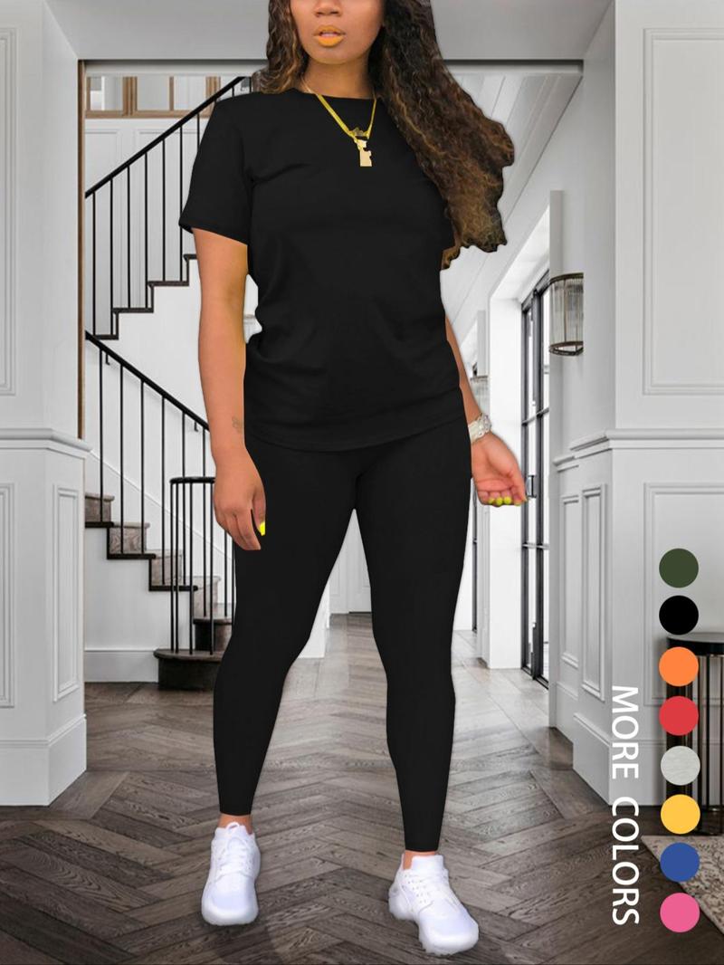 Women's Solid Color Round Neck Tee & Leggings Set, Summer Clothes, Short Sleeve T-shirt & Skinny Pants, Summer Clothes for Daily Wear