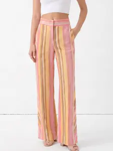 Women's Four-Season Colorblock Oil Painting Striped Casual Pants, Lightweight Textured High-Waisted Wide Leg Trousers, Daily Commute & Travel