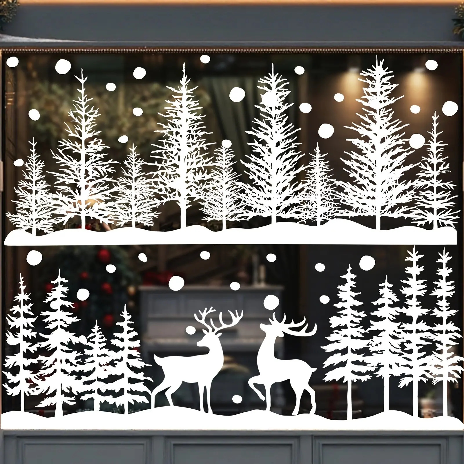 8 Sheets Christmas Window Adhesive Film, Reusable Double-Sided Winter Window Decals, Holiday Party Home Glass Decor, Deer Snow Scene