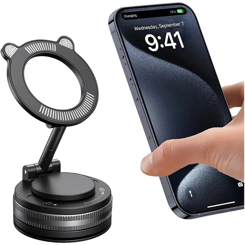 Vacuum Suction Phone Holder Accessories, 360° Rotate 360° Adjustable Foldable Alloy Metal Grip Mount, ABS + Zinc Hands-Free Stand for Smartphones on Smooth Surfaces (Black)