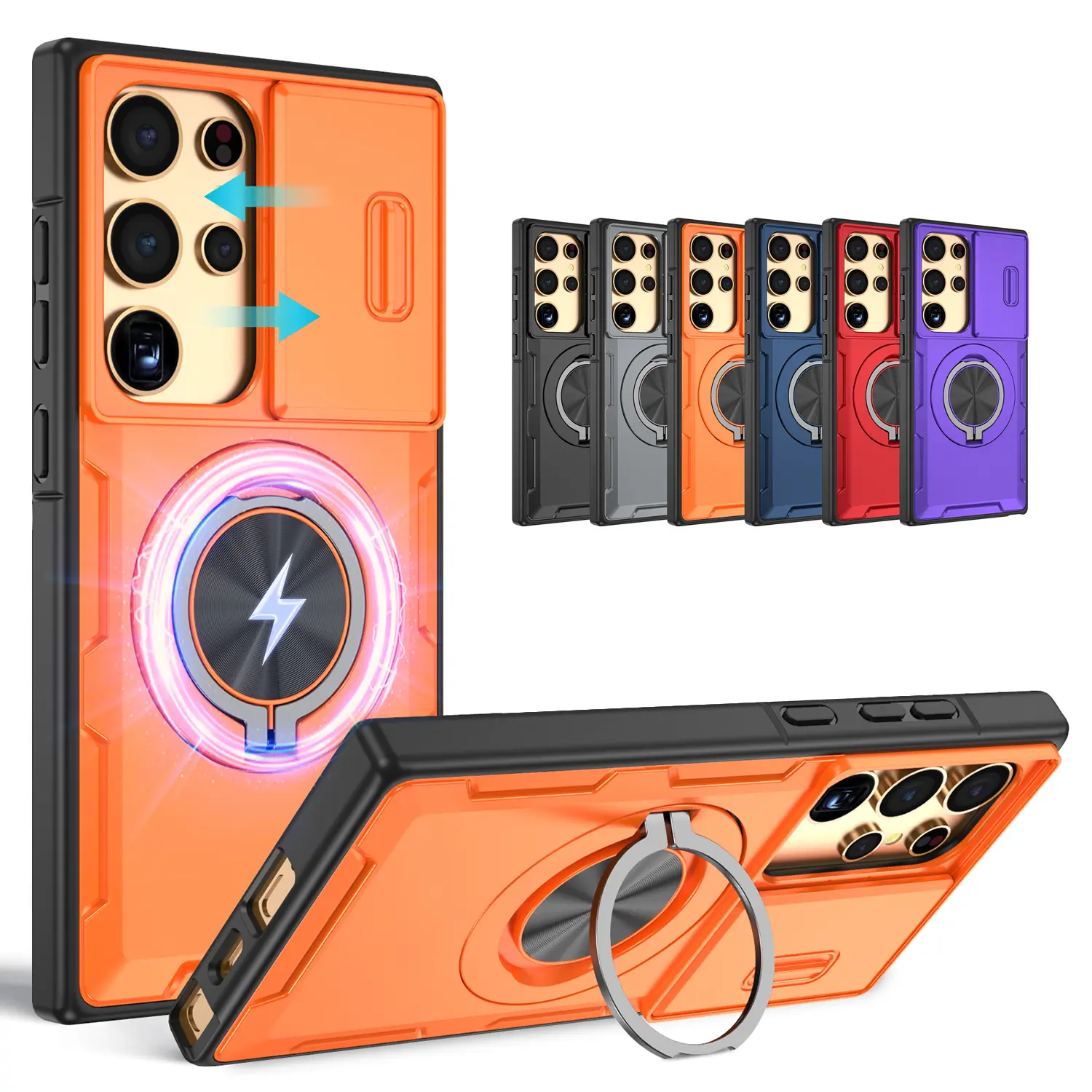 OREKROY Magnetic MagSafe Phone Case For Samsung Galaxy S26 Ultra Plus S25 S24 S23 Ultra, Military Grade Shockproof Heavy Duty Rugged Protective Cover, 360° Rotating Ring Kickstand, Sliding Camera Lens Cover, Anti-Scratch, Raised Edge Protection