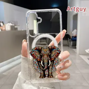 Magnetic Phone Case for Samsung Galaxy S26 Edge S23 Ultra S24 Plus FE S25 S22+ Ornate Elephant Art Pattern Non-Yellowing Shockproof Soft Silicone Transparent Acrylic Large Hole Cover Supports Wireless Charging