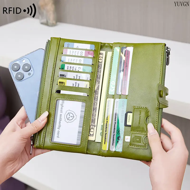 Women's PU Leather Wallets, High-Capacity RFID Blocking Bifold Phone Wrist Clutch with a Double Zip Organizer, Card Holder
