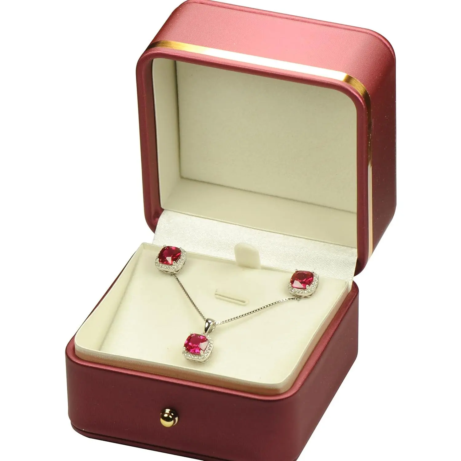 Red Burgundy 2-Piece Set (Necklace & Earring) with Modern PU Leather Organiser, Elegant Trim, Button Closure, Jewelry Storage for Special Moment Romantic Gifting