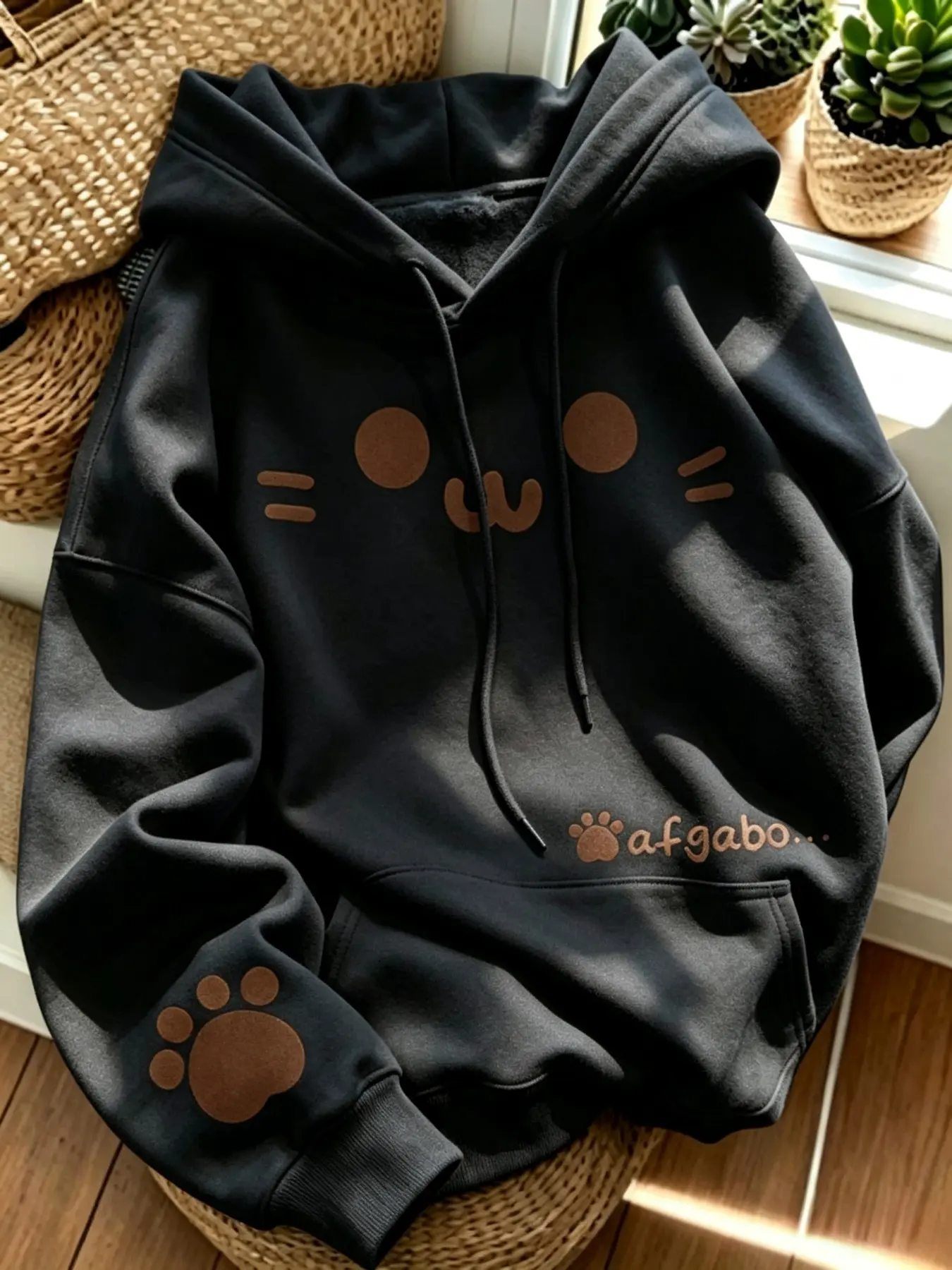 Women's Fleece Lined Cute Cat Graphic Hoodie, Oversized Drawstring Pocket Long Sleeve Pullover Hooded Sweatshirt, Casual Daily Streetwear Outfit, Soft Warm Loose Fit Kawaii Tops for Autumn Winter