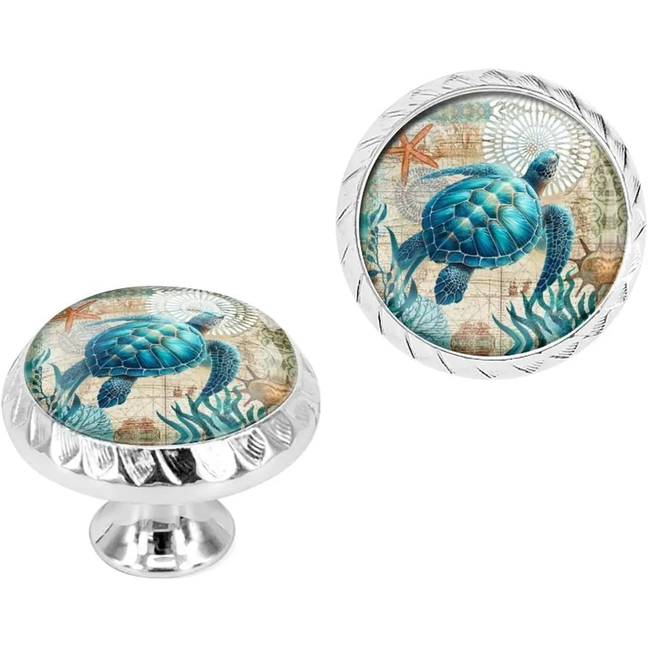 6 Pack Fade-Resistant Glass+ABS Round Handle Drawer Pulls - Blue Sea Turtle Nautical Map Knobs for Cabinets/Drawers, Fits Boards, Kitchen Bathroom Hardware