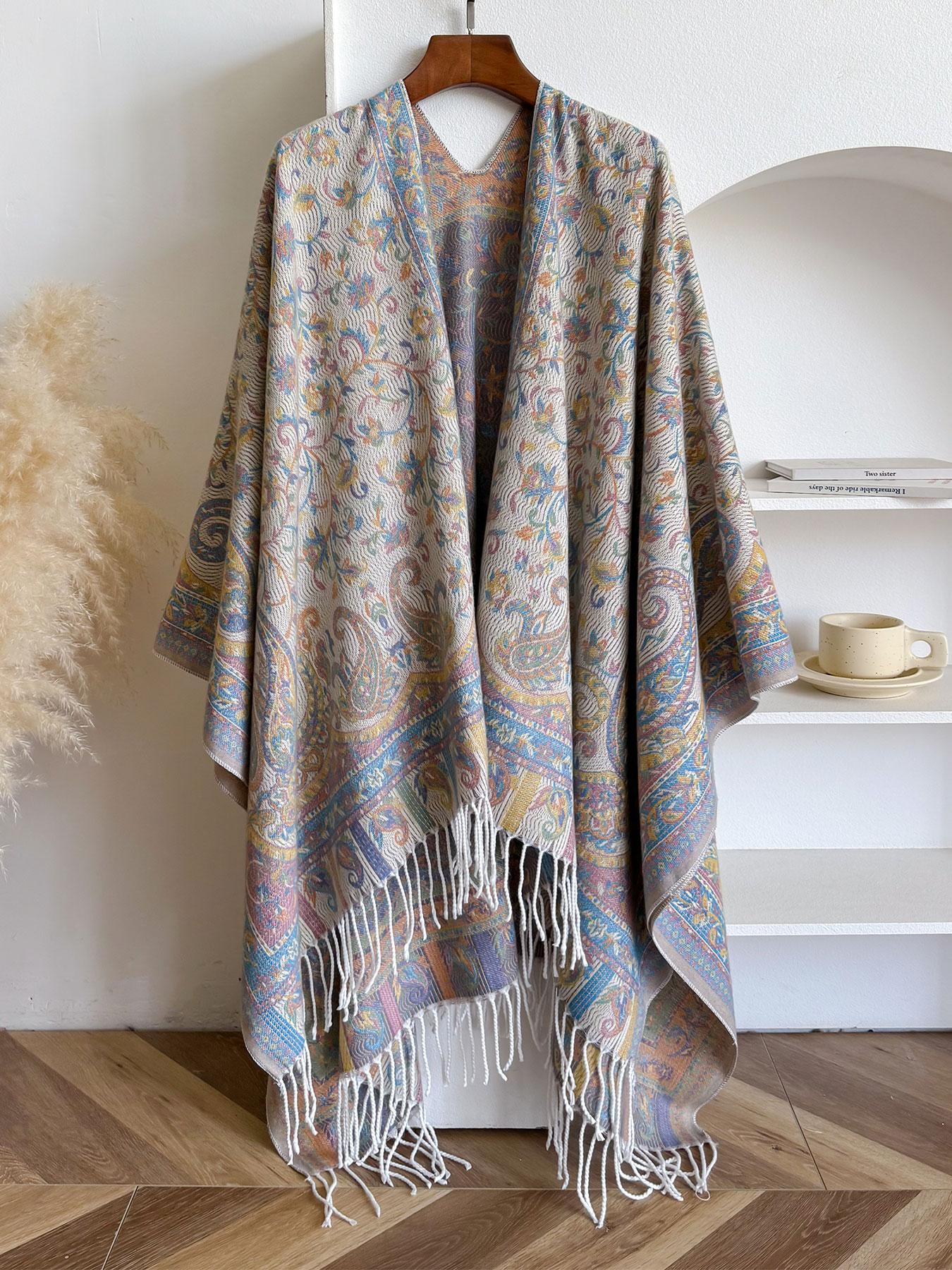 Bohemian Style Woven Shawl Scarf, Thick Fabric Fall Winter Accessory, Loose-Fit Design for Women & Girls, Perfect for Outdoor Travel Use