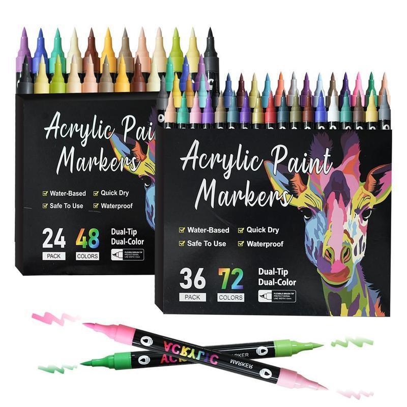 Acrylic Paint Marker Pen Set, 1 Set 12/24/36pcs Double Tip Double Color Quick Dry Waterproof Acrylic Paint Drawing Marker Pen, Crafts Art Supplies for Rock Painting, Wood, Canvas, Stone, Glass #GLOBAL PICKS