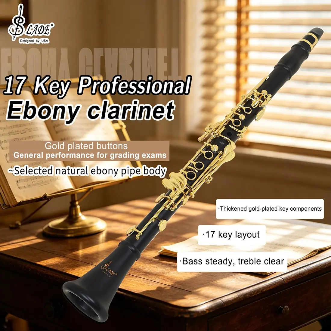 Slade Ldc960 Bb Clarinet, 17-Key Ebony Body, Keys, Ergonomic Design, Professional Woodwind Instrument, Includes Slade Case