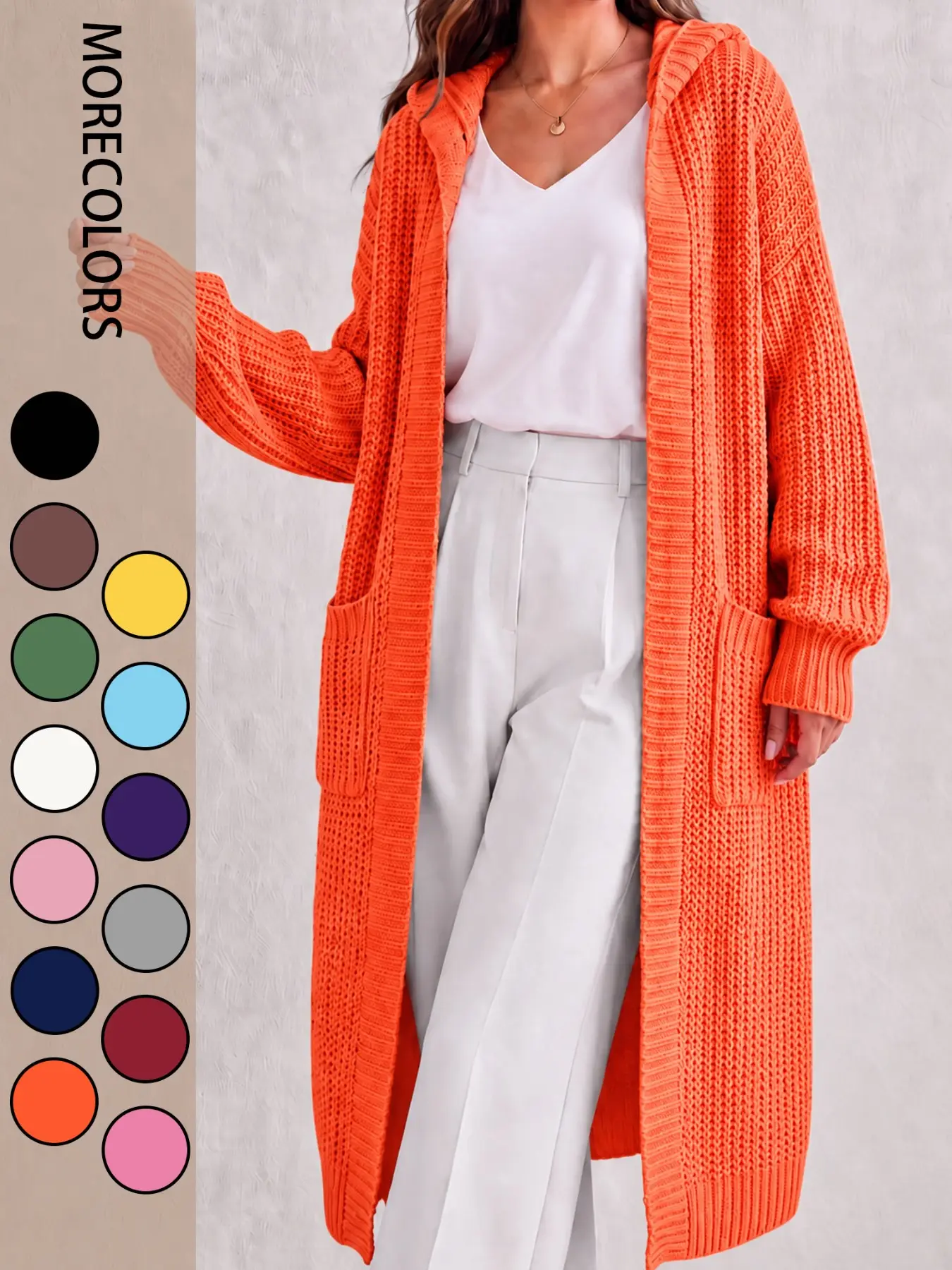 Women's Hooded Long Knit Cardigan, Buttonless Open Front Cozy Sweater Jacket, Side Pockets, Fall Winter Casual Layering Outerwear