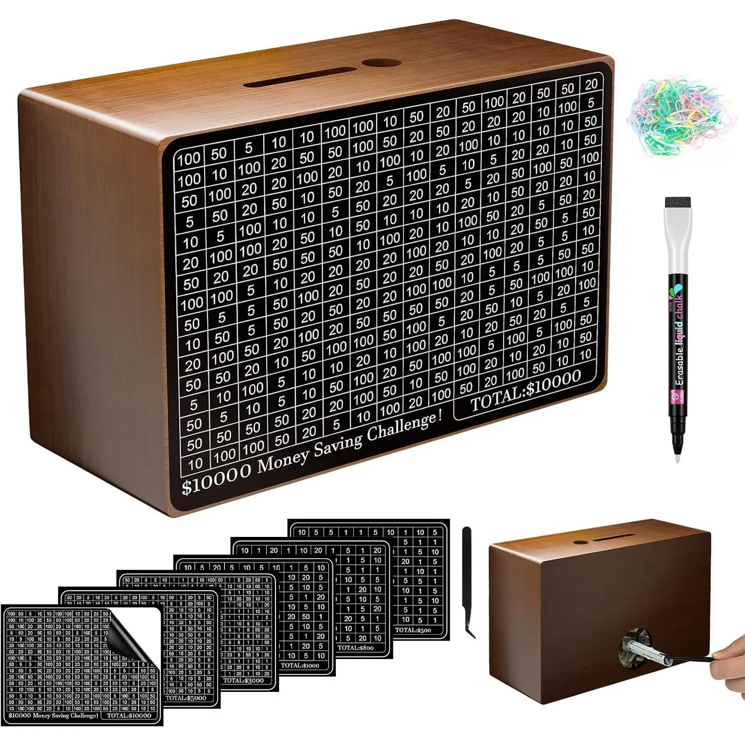 Wooden Money Saving Box, Cash Vault Savings Box for $10000 $5000 $3000 $1000 $800 $500 Money Saving Challenge, Reusable Money Box with Counter, Dry Erase Pen/Savings Trackers/Band-Brown