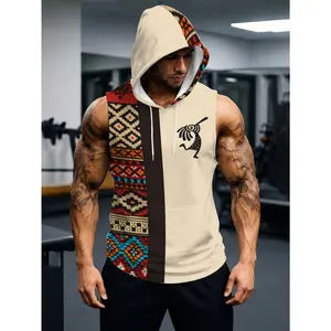 New men's sleeveless hooded top, ethnic splicing design, sports and fitness breathable model, daily casual trendy clothing, personalized pattern decoration, comfortable and loose version, suitable for various occasions