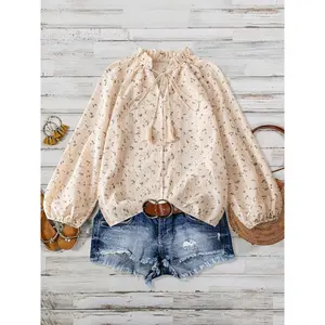 Women's Bohemian Floral Lace Shirt, V Neck Tie Bow Fringe Puff Sleeves Loose Slim Fit Top, Summer Vacation Beach Casual Blouse, Casual Boho Blouses