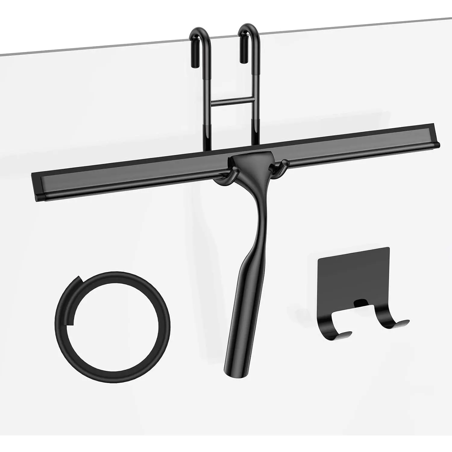 Black 14-Inches Stainless Steel Shower Squeegee Set, Include Shower Door Hook, Adhesive Hook and Spare Silicone Blade, Window Squeegee for Shower Glass Door, Bathroom, Mirror, Window and Car Glass
