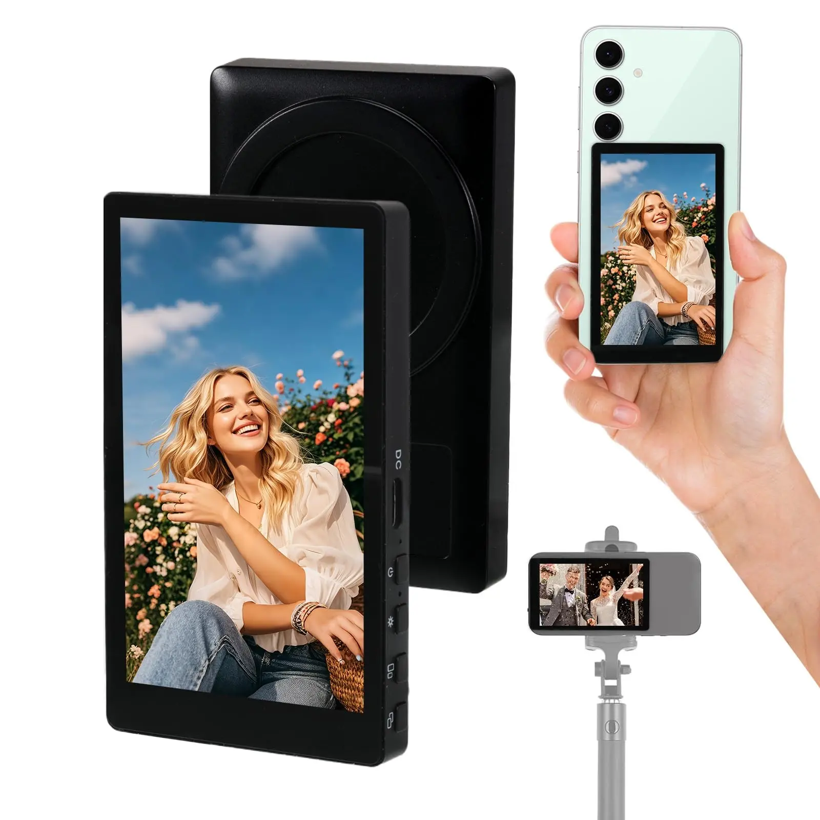Vlog Selfie Monitor Screen iPhone, 4K 60fps Recording, Wireless Screen Mirroring, Remote Control, Magnetic Fixation, 180° Rotation