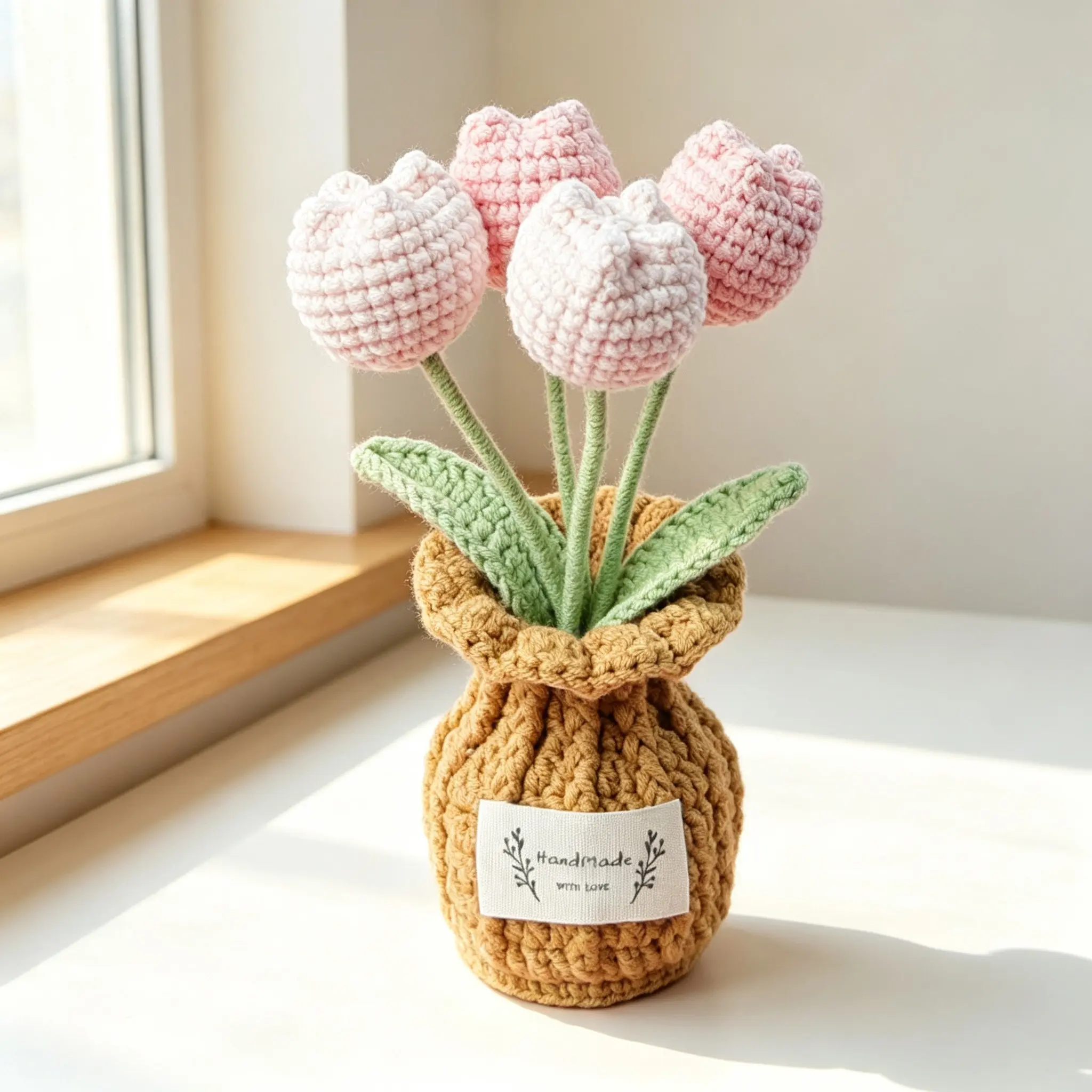 Tulip Artificial Flower Pot Plant, Handmade Crochet Yarn Flower, Birthday Gift for Girlfriend Friend, Desktop Decorative Item