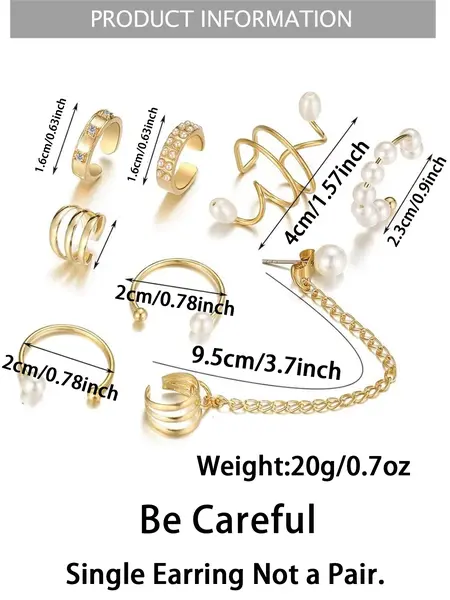 8Pcs Gold Ear Cuffs Earring Stacking Set Stackable Earrings for Women Non Piercing,14K Gold Plated Tassel Chain Pearl Ear Clip Adjustable Cubic Zirconia Sparkling Round Huggie Ear Cuff Fake Earrings Punk Jewelry Gifts