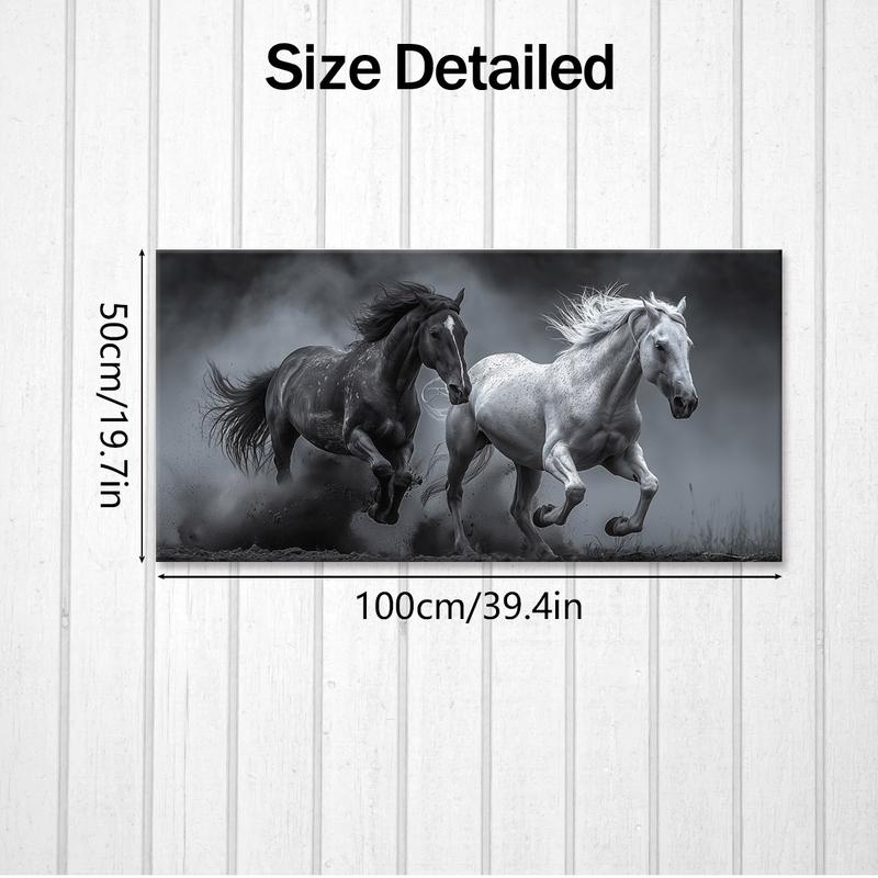 2D Flat Single Piece Wooden Frame Canvas Painting, Depicting a Black and White Horse Running in the Dust.This Exquisite Poster Can Be Used as Home Decoration and Wall Art, Suitable for Living Room, Bedroom, Office, Dining Room