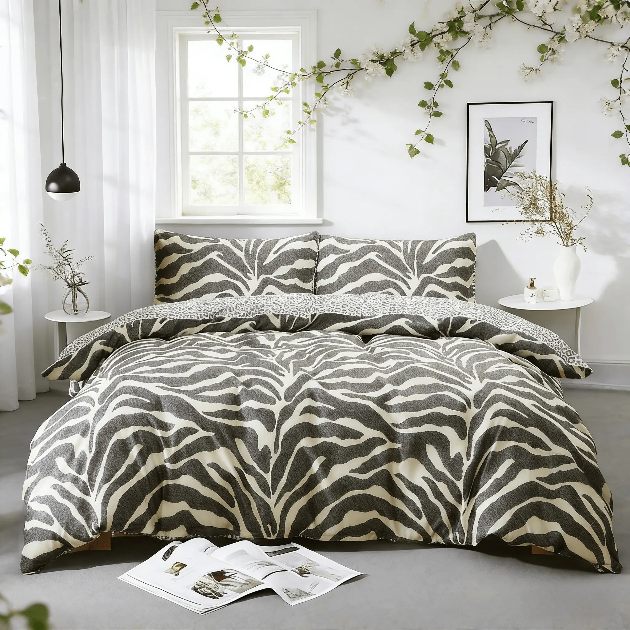 3Pcs Gray Light Luxury Zebra & Leopard Print Reversible Duvet Cover Set, Double-Sided Printed Bedding Set Includes 1 Duvet Cover & 2 Pillowcases, Zipper Closure Design, Soft Cozy Fabric, Decorative Bedroom Bedding, Ideal Gift Choice