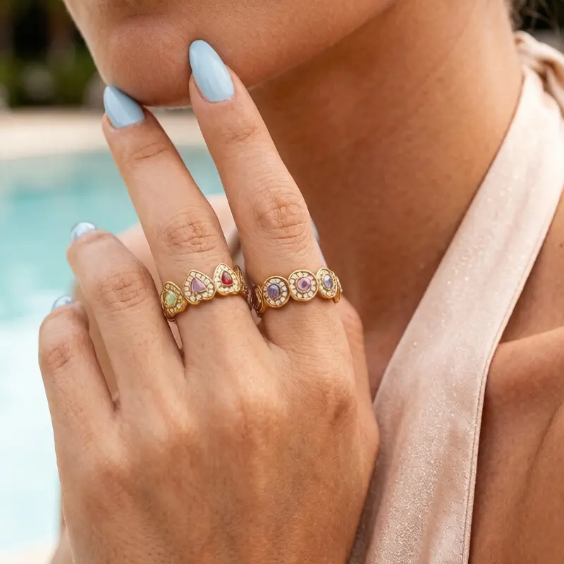 INS Style Gradient Color Love Heart Oval Ring, Geometric 3D Outline 18K Gold Minimalist Stackable Adjustable Ring