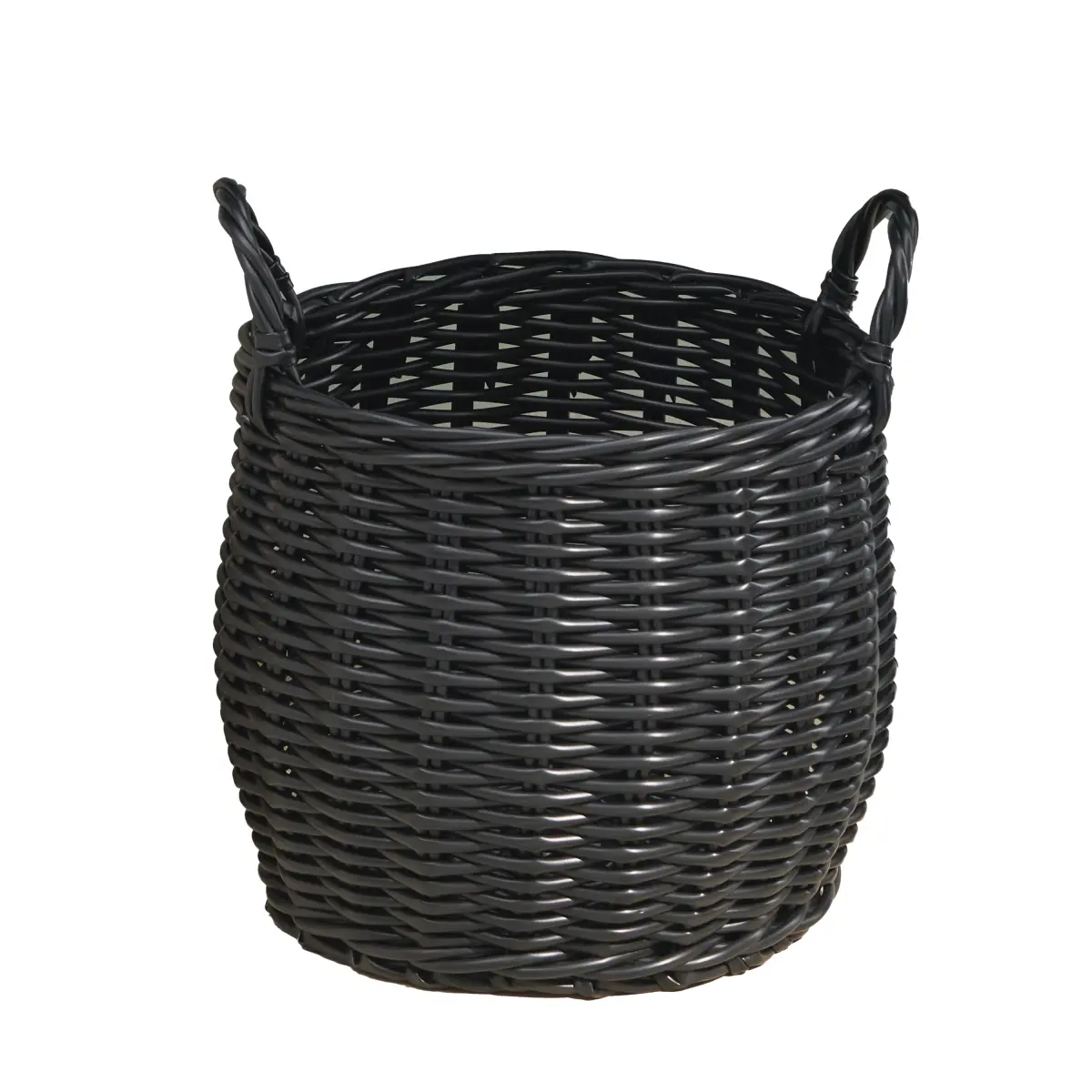 Smooth Black Round Resin Woven Wicker Storage Basket, 13x13x10.2 in with Carry Handles, Durable Farmhouse Decor Organizer Bin for Clothes, Towels, Toys, Multipurpose Home Bedroom Closet Shelf Container