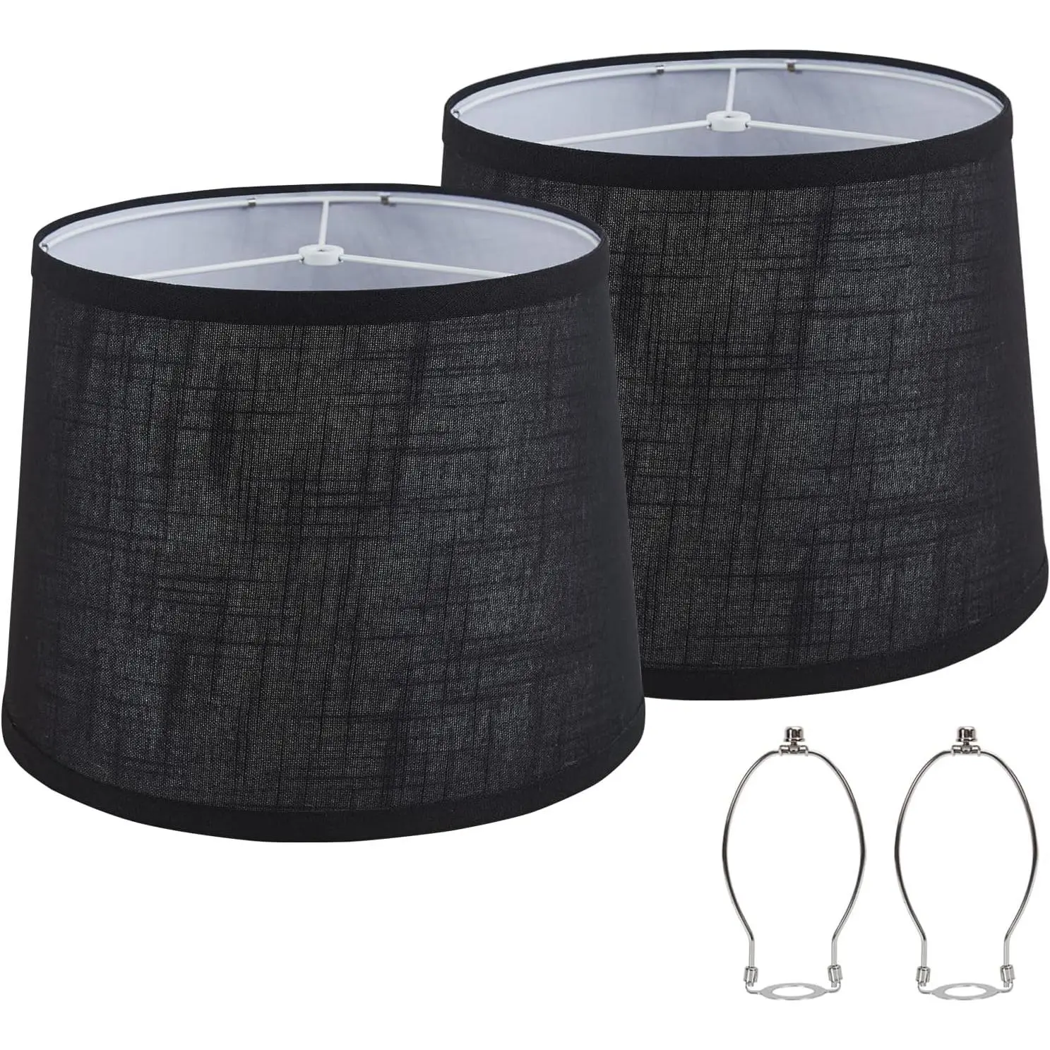 Set of 2 Black Replacement Bedside Lamp Shades, Medium Fabric Drum Lampshades 13" Top x 11" Bottom x 10" High with Harp Holder Included